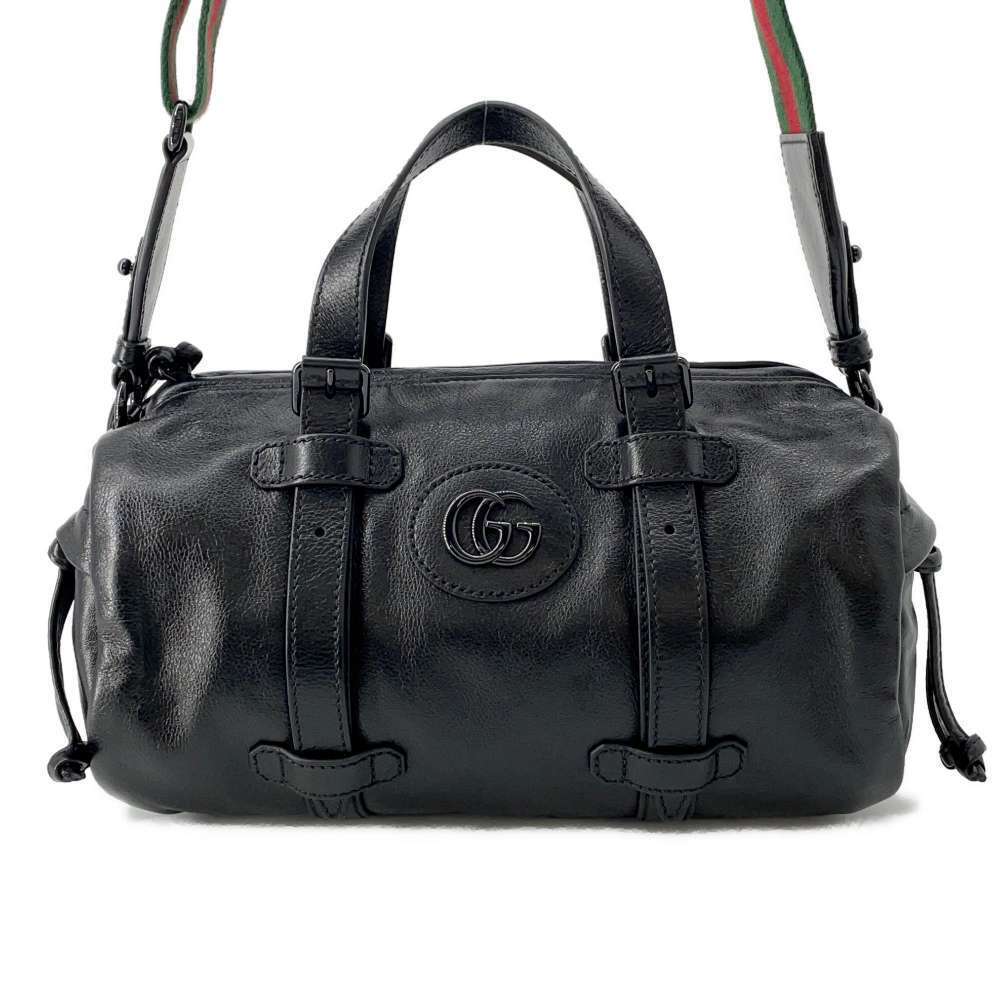 Gucci Double GG Duffle Leather Handbag Shoulder Bag Black